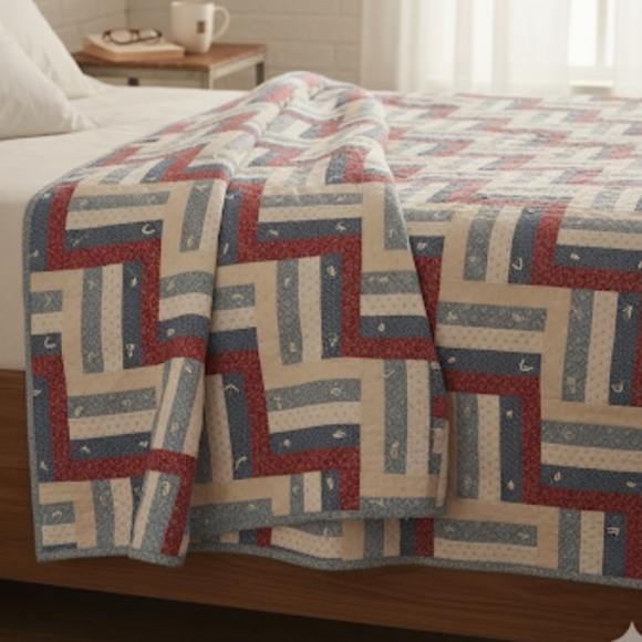 Patchwork Quilt Rail Fence Pattern with Red and Blue Accents Vintage Q/K - Picture 2 of 7